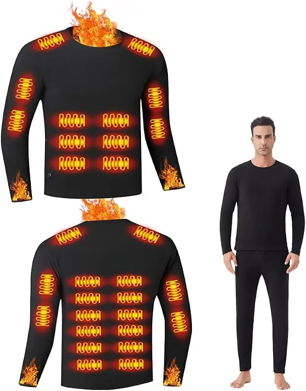 Beheizbare Unisex-Thermounterwäsche, Elektrische Heizung thermal unterwäsche, Oberteil mit 26 Zonen, Hose mit 16 Zonen, USB- und DC-Anschluss, 3 Temperaturstufen, geeignet für Camping und Wandern — Heizkleidung