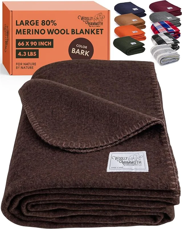 Woolly Mammoth Woolen Co. Campingdecke, extragroß, Merinowolle, die perfekte Outdoor-Ausrüstung für Bushcraft, Camping, Trekking, Wandern, Überleben oder Überwurfdecke in der Kabine. Braun, 168 x 228 — Heizung Warmepumpe