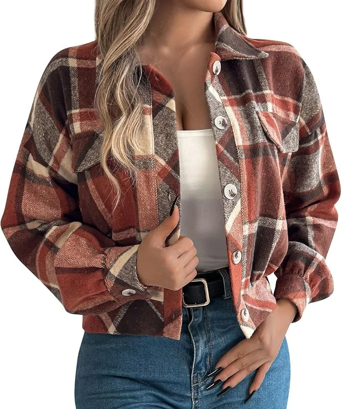Ansenesna Übergangsjacke Damen Elegant Kurz Jacke Kariert Mantel Frauen Ohne Kapuze Herbstjacke Mit Knöpfen Hemdjacke Langarm Damen-Mäntel Kurzmantel mit Kragen Herbstmantel — Heizkleidung