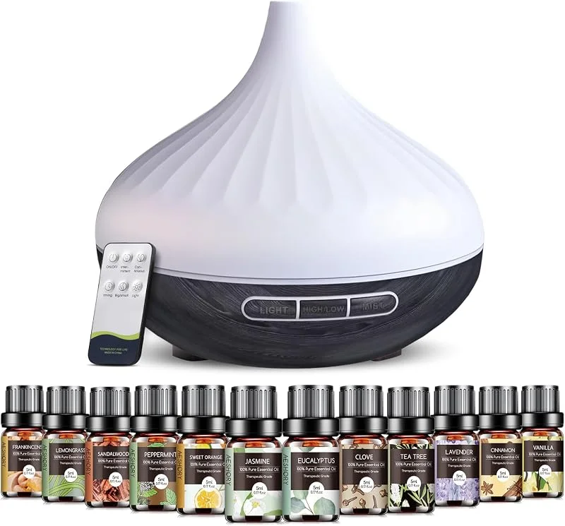 AESHORY 500ml Aroma Diffuser Mit 12 x 5ml Ätherische Öle, Ultraschall Aromatherapie Diffuser Luftbefeuchter, 7 Farbigem LED Licht, 4 Timer, Fernbedienung, Schwarz