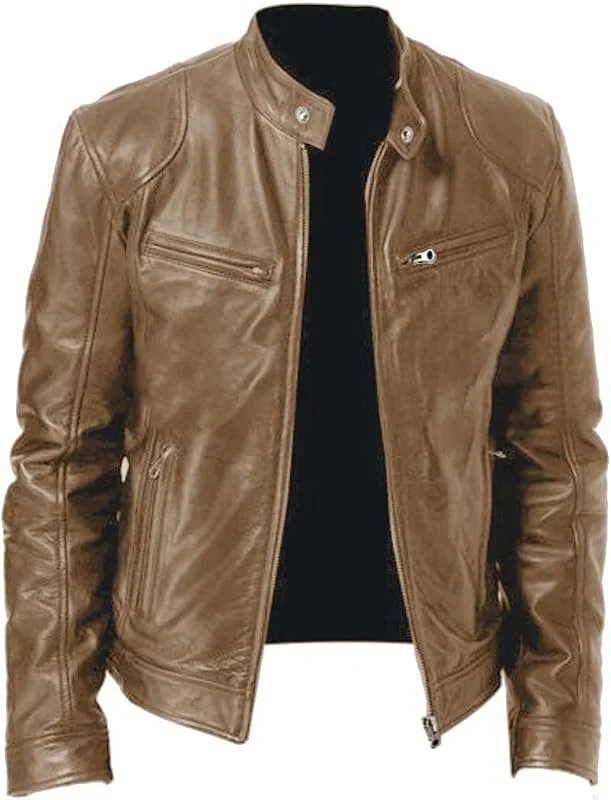 Generisch Lederjacke Herren Stehkragen Mit Reissverschluss Und Taschen Bikerjacke Männer Motorradjacke Slim Fit Kunstlederjacke Vintage Freizeit Lederblouson Übergangsjacke Pu Biker Leder Jacke — Heizkleidung