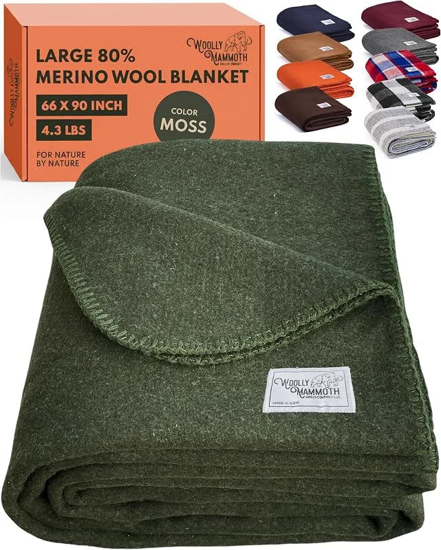 Woolly Mammoth Wolldecke Explorer-Kollektion - 167 x 230 cm, 80% Merinowolle, Olivgrün - Robuste Campingdecke & Outdoordecke - Stylische Boho-Picknickdecke - Dicke Thermodecke — Heizung Warmepumpe
