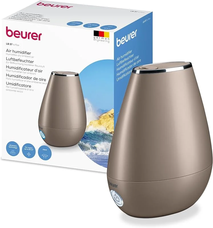 Beurer LB 37 Luftbefeuchter mit Ultraschall-Zerstäubung, inkl. integriertem Aroma Diffuser, Humidifier mit leisem Nachtmodus fürs Schlafzimmer, 2L Tank für Räume bis 20 m², toffee