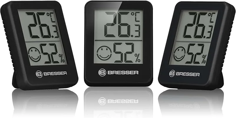 Bresser 3er Set Thermometer Hygrometer - Digitales Raumthermometer für Kontrolle Innenraum Luftfeuchtigkeit, Kühlschrankgeeignet, Wandmontage und Magnet, Schimmelvorbeugung - Indikator Smiley, Schwarz — Luftbefeuchter