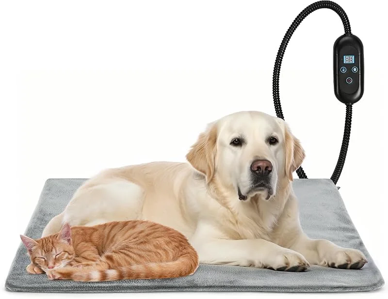 Podazz Heizmatte für Hunde & Katzen, 40x70cm, Elektrisches Tierwärmekissen mit Timer & Temperaturregelung, Bissfestes 1.8m Kabel, Wasserdicht & Sicher, Grau (L) — Heizung Warmepumpe