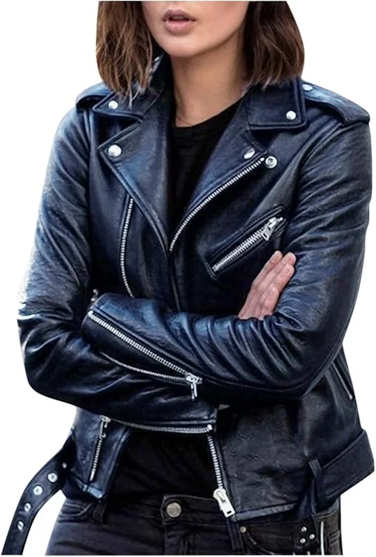 Kunstlederjacke Damen Reißverschluss PU Motorradjacke Slim Fit Kurze Motorradjacke Langärmliger Revers Reißverschluss Bikermantel mit Taschen — Heizkleidung