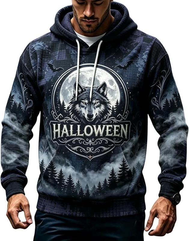 Generisch Herren Halloween Mystisch Kapuzenpullover Fledermaus Print Hoodie Kängurutasche Kordelzug Gruselig Party Sweatshirt Kapuze. — Heizkleidung