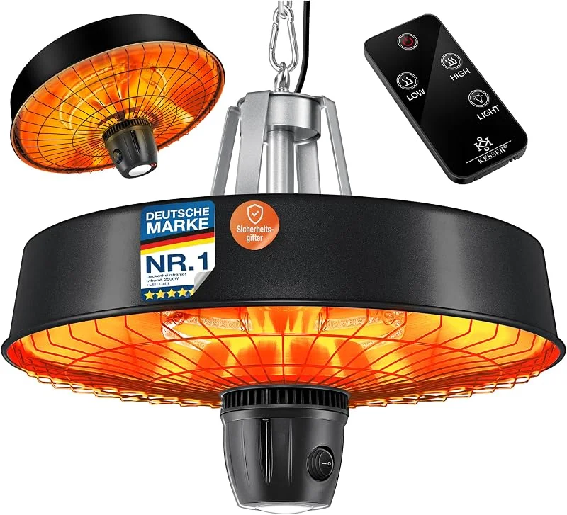 KESSER® Deckenheizstrahler Heizpilz Infrarot-Heizstrahler 2500W Terrassenstrahler mit Fernbedienung Quarzstrahler, LED Licht, Decke, Infrarotstrahler, mit Kette + Karabinerhaken Carbon-Heizelement — Heizung Warmepumpe