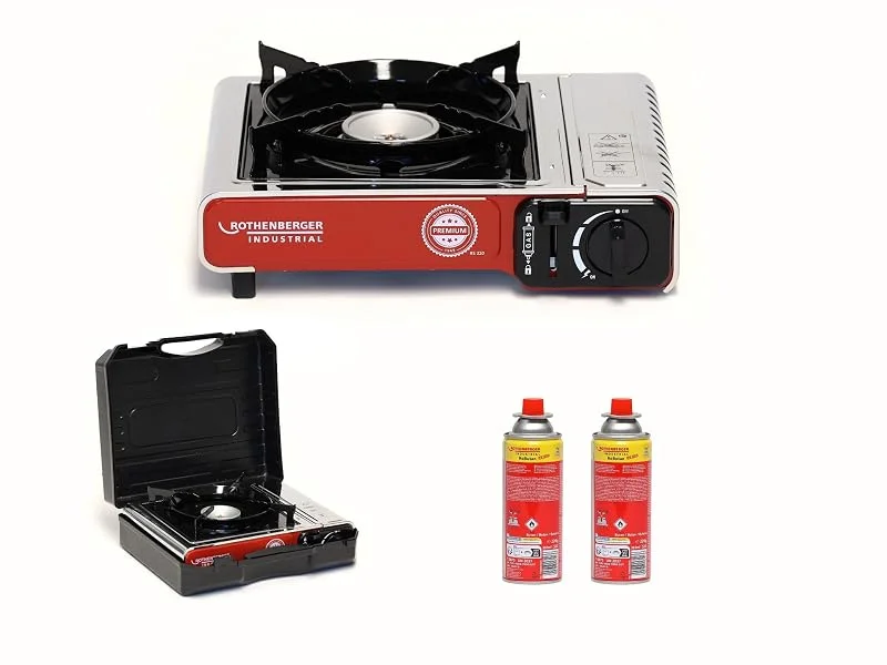 ROTHENBERGER Industrial Campingkocher PREMIUM inkl. 2 Gaskartuschen, inkl. Tragekoffer, 1-flammig Gaskocher Camping Gas Kocher Kartusche, für Töpfe 12-26 cm — Küche & Haushalt