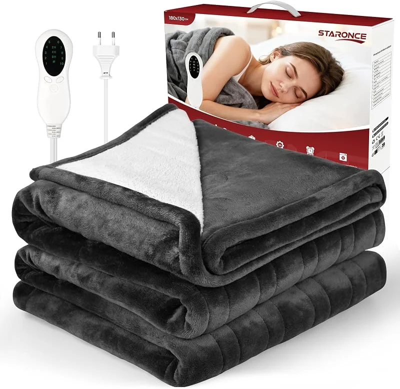 Heizdecke mit Abschaltautomatik, Elektrische Wärmedecke 180x130 cm, Beheizbare Kuscheldecke mit 10 Heizstufen, Überhitzungsschutz und Fernbedienung, Geschenk für Männer, Frauen und Senioren — Heizung Warmepumpe