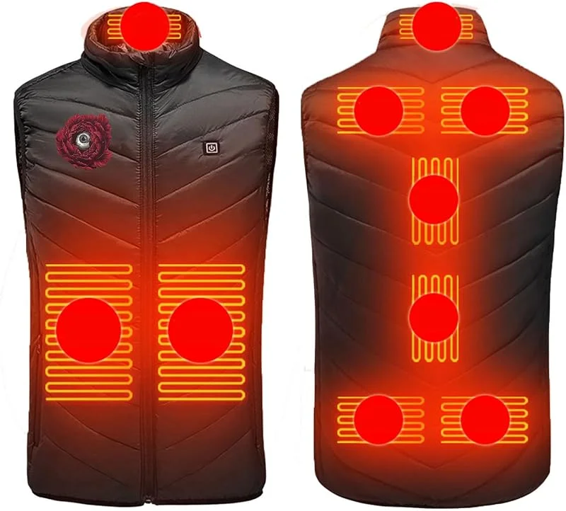 AEGJEGVD 2024 Beheizbare Weste Heizweste Herren Damen mit 9 Zonen Heizung 3 Temperaturregler Beheizte Weste (Ohne Powerbank) Beheizte Gilet Heizweste für Outdoor Motorrad Skifahren — Heizkleidung