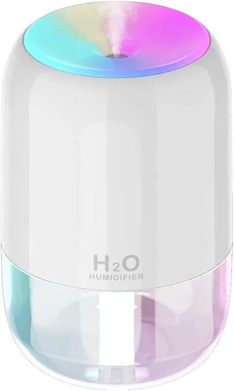 Mini-USB-Luftbefeuchter und Aromaöl-Diffusor mit 300 ml Wassertank, buntes Nachtlicht, einstellbare Nebelmodi, automatische Abschaltung, tragbar für Büro, Schlafzimmer und Reisen (weiß)