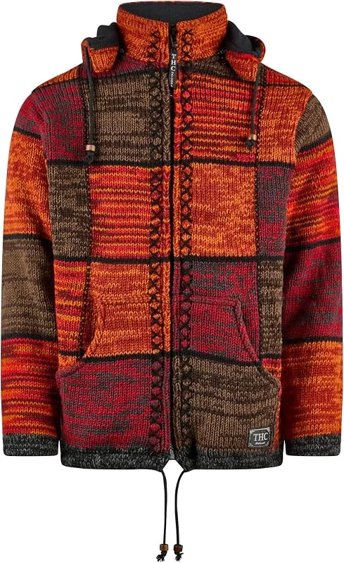 Handgefertigte Patchwork Schafwolljacke Damen & Herren – Strickjacke mit roten Quadraten & Fleece-Futter – Modell 815 – Warme Wolljacke mit Abnehmbarer Kapuze — Heizkleidung