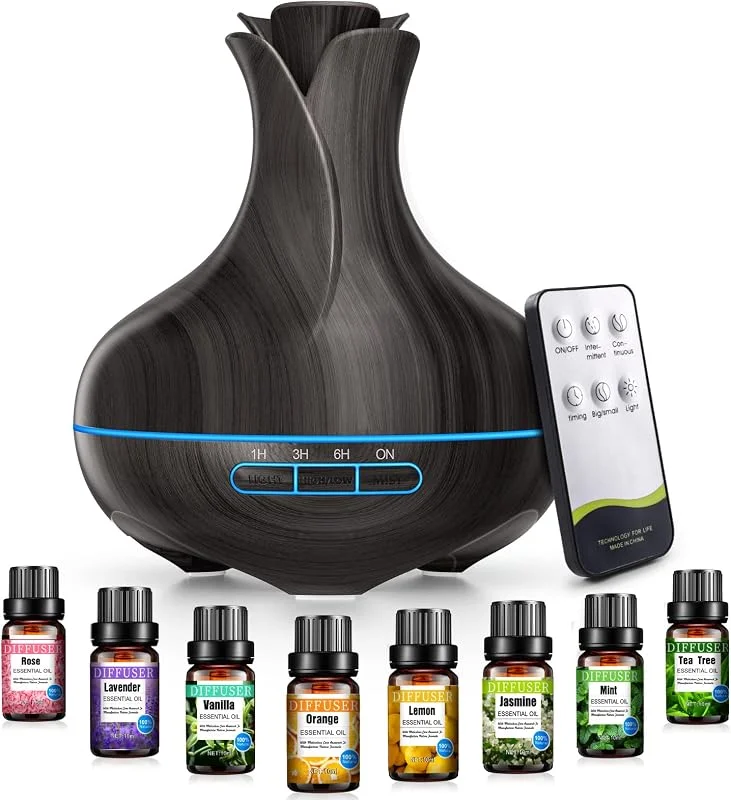 Aroma Diffuser, 600 ML Mit 8 Ätherischen Ölen, Luftbefeuchter Schlafzimmer, Luftbefeuchter mit Fernbedienung, 4 Timer, Automatische Wasserlose Abschaltung für Große Räume