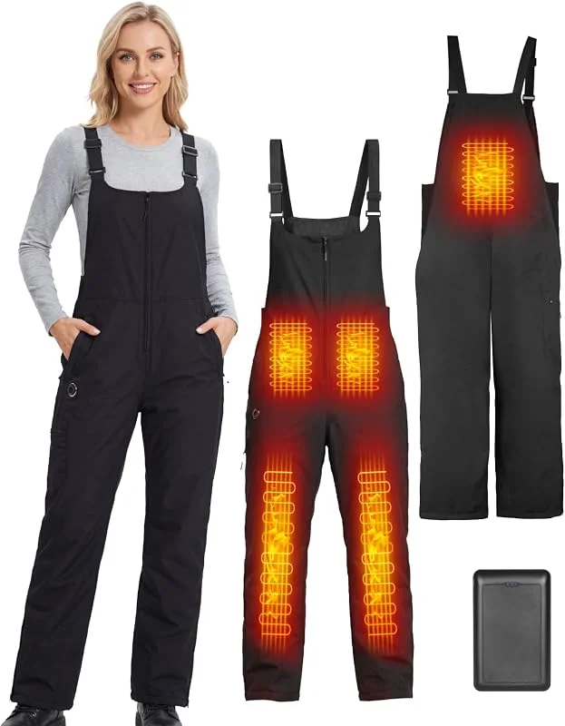 Beheizbare Latzhose Damen Skihose Wasserdicht Winddicht Snowboardhose Warme Isolierung Schneelatzoverall Skianzug mit Akku Multi Pockets Arbeitslatzhose Damen mit Verstellbaren Hosenträgern — Heizkleidung