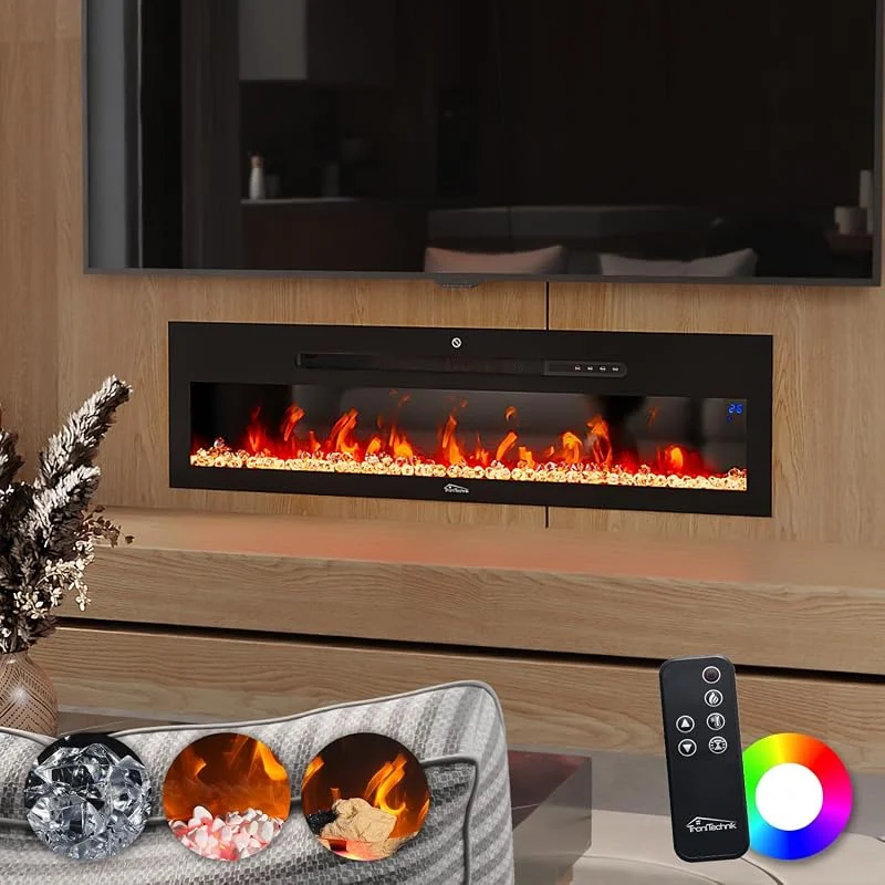 Tronitechnik® Wandkamin elektrisch, Panorama Elektrokamin mit LED Flammeneffekt dimmbar inkl. Kristalle, Elektroheizung 900, 1800W, App-Steuerung & Fernbedienung, Timer, schwarz — Heizung Warmepumpe
