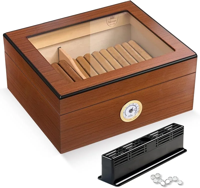 Slege Humidor Zigarren, Zigarren Humiodr, Zigarenbox Spanische Zeder Holzkiste, Zigarren Luftbefeuchter mit Humiodr Hygrometer, Zigarrenspender, Männer Geschenk Zigarren Zubehör (30-50 Zigarren) braun