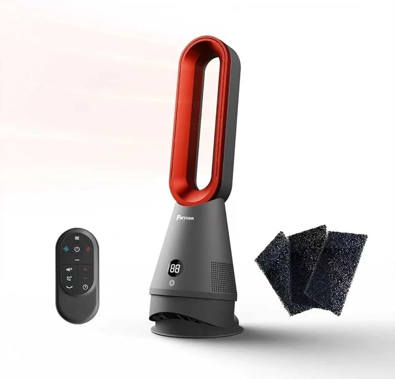 Blattloser Ventilator (25 Zoll) – 3-in-1 Heizlüfter & Kühler & HEPA-Filter, 80° Oszillation, 8 Stufen, 9H Timer & FB, Leise für Zuhause, Büro (Grey & Red) — Heizung Warmepumpe