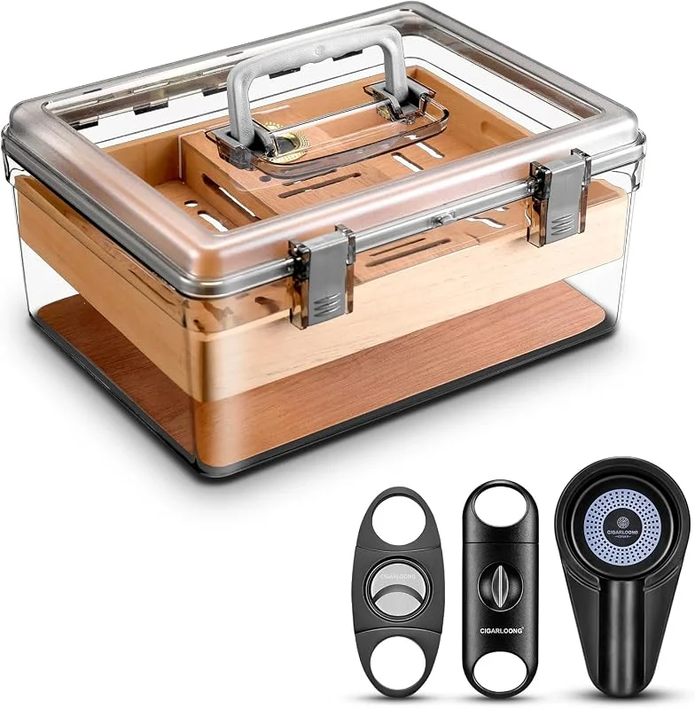 Acryl Zigarren Humidor Set mit Luftbefeuchter und Hygrometer, transparenter Humidor Fall Eingebautes Zedernregal, tragbarer Desktop Humidor Box Lagerung für etwa 80 Zigarren (Medium)