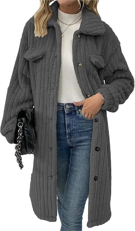 Ansenesna Teddyjacke Damen Lang Winterjacke Warm Flauschig Teddy Fleecejacke Ohne Kapuze Teddyfleece Jacke Lange Wintermantel Frauen Fleece Plüsch Damen-Jacken Teddyfell Mantel Mit Knöpfen — Heizkleidung