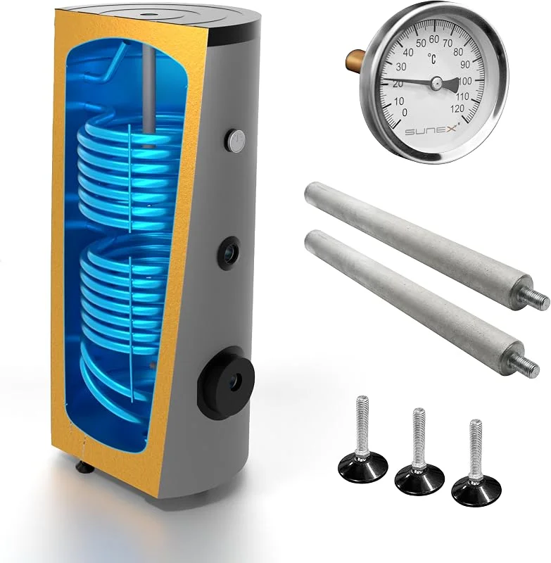 SUNEX Warmwasserspeicher 150L - Brauchwasserspeicher S2 mit 2 Wärmetauschern - für Solaranlage, Wärmepumpe und Kessel - Hochwertige Emaille 50mm PUR-Dämmung - inkl. Magnesiumanode & Thermometer — Heizung Warmepumpe
