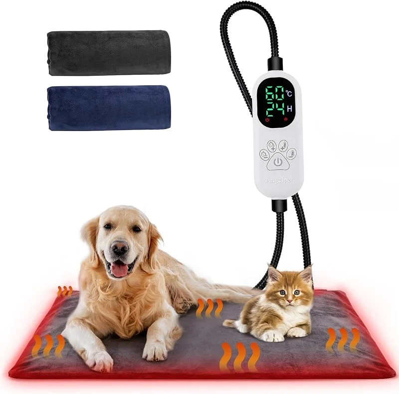 Angelpet Haustier Heizkissen XL 90x60cm – Heizdecke für Hunde & Katzen, 30–60 ℃ Temperatur & 14 Timer (0–12H, 24H), Hunde Heizmatte mit Auto Screen-Off, bissfestem 1, 8 m Kabel, 2 waschbaren Bezügen — Heizung Warmepumpe