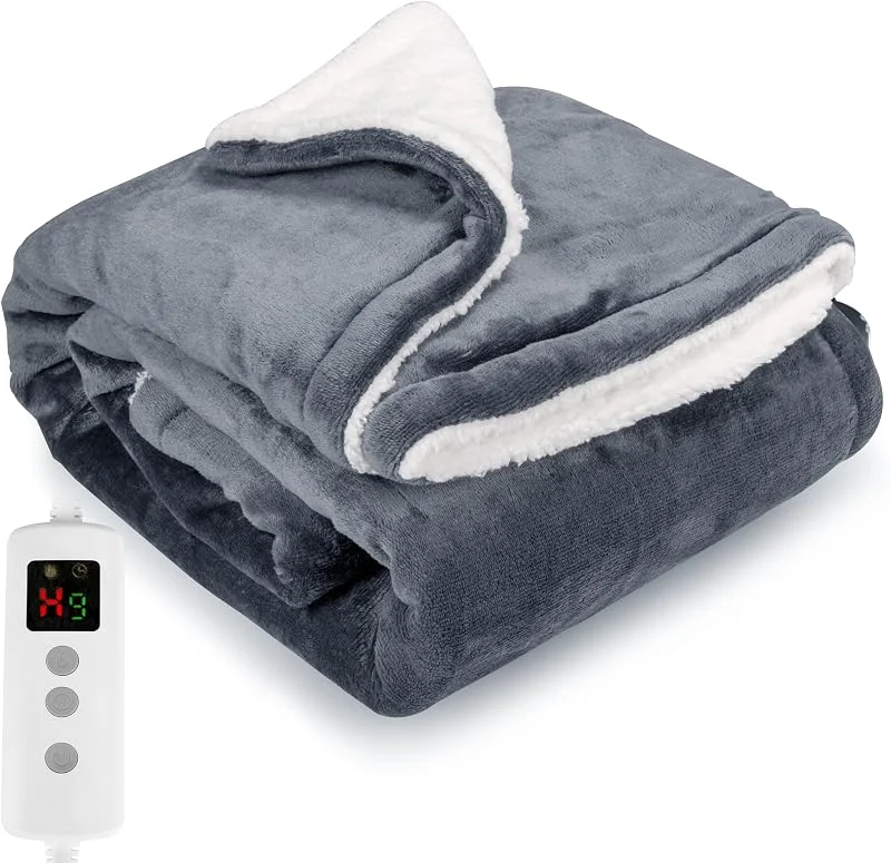 PROALLER Heizdecke 160x130CM, 10 Stufen & 1-9H Timer Auto-Aus, Maschinengängig, Weiches Flanell-Sherpa, Sofasitzkissen Bett Büro Verwendung, Heizdecke mit Abschaltautomatik, Grau — Heizung Warmepumpe