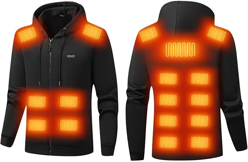 Beheizbarer Hoodie Herren Einstellbare Beheizbare Sweatjacke USB Winter Heizjacke mit 7, 17 Heizzonen Hoody Männer mit Kapuze Elektrische Beheizte Kapuzenpullover mit Reißverschluss Kapuzenjacke — Heizkleidung