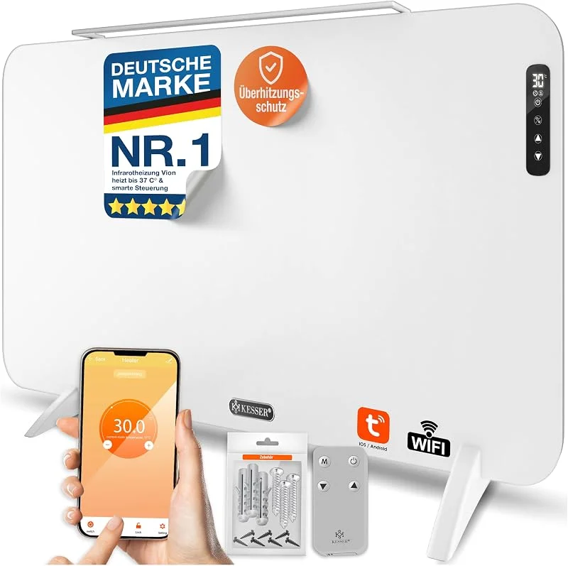 KESSER® Infrarotheizung VION, smart Timer, 800 W, Wandmontage & Stand Mobil Elektroheizung mit Fernbedienung oder App bedienbar, LED-Display, Handtuchhalter, IP44 und Überhitzungsschutz, Weiß — Heizung Warmepumpe