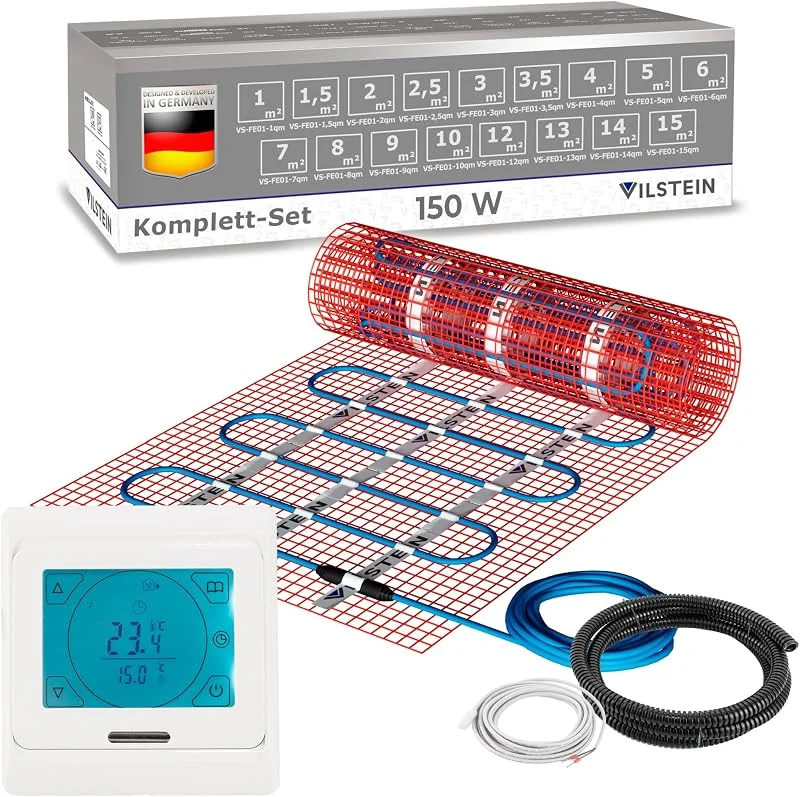 VILSTEIN Elektrische Fußbodenheizung 150W, m² - Bodenheizung Elektrisch geeignet für Laminat, Fliesen & mehr - Elektro Fussbodenheizung - Elektrische Heizmatte Fußboden - 1m² — Heizung Warmepumpe