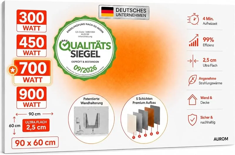 AUROM Infrarotheizung Wandmontage 700 Watt, 90 × 60 cm Weiß — Heizung Warmepumpe