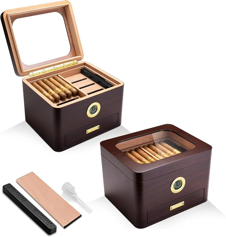 Zigarren Humidor Zeder Desktop Humidor Box, Humidor Zigarren Koffer mit Digital Hygrometer, Luftbefeuchter, Teiler und Zigarren Zubehör Schublade, Männer Geschenk Zigarrenbox (Dunkelbraun)