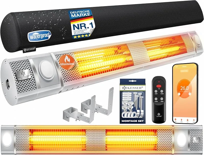 KESSER® Infrarot Heizstrahler 3000W IR-Gastro-Bar Inkl. LED Licht Terrassenstrahler Mit WiFi & Fernbedienung inkl. Schutzhülle Infrarotstrahler Quarzstrahler Terrassenheizer — Heizung Warmepumpe
