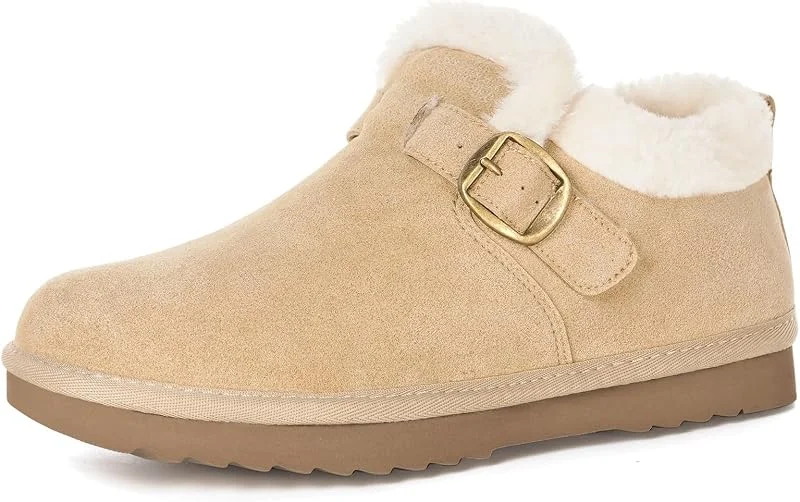 Damen-Schneestiefel, echtes Wildleder, Mini-Stiefel, Kunstfellfutter, Winterstiefel, wasserabweisend, warm, kurze Stiefel, Outdoor, rutschfeste Memory-Schaum-Einlegesohle mit verstellbarer Schnalle — Heizkleidung