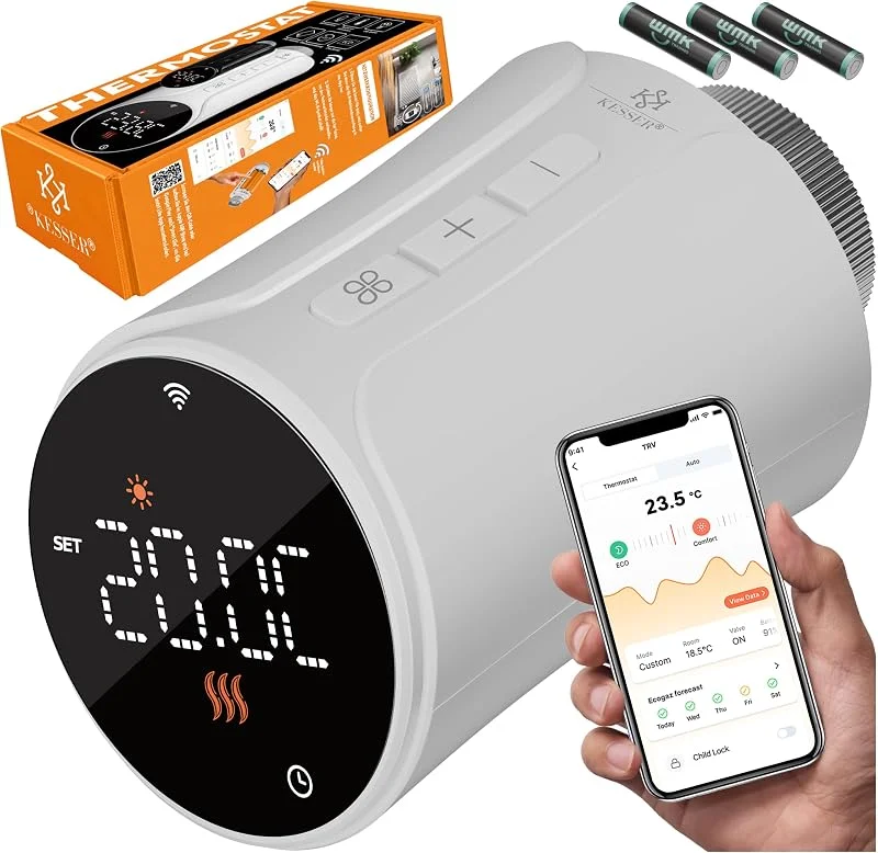 KESSER® Heizkörperthermostat WiFi Heizungsregler, Heizungsthermostat WLAN mit Smart Home App Steuerung, Thermostat Alexa, Google Assistant mit 6 Heizkörperventilen, Energie & Kosten sparen — Heizung Warmepumpe