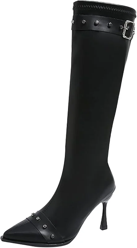 Generisch Damen Stiletto High Heel Knielange Stiefel Spitze Zehenpartie Western Stiefeletten mit Reißverschluss und Schnallenriemen — Heizkleidung