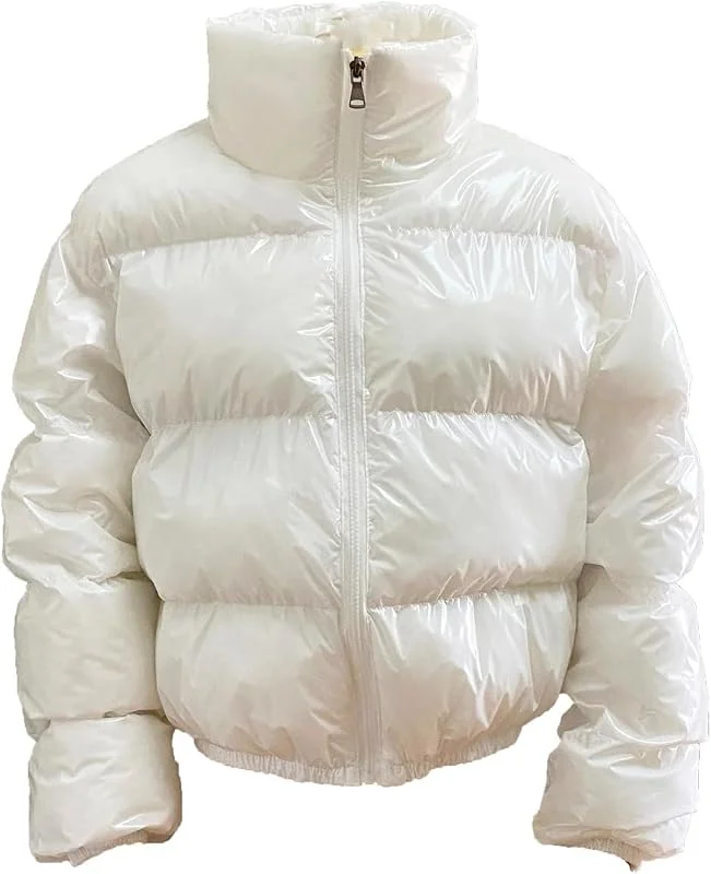 Daunenjacke Damen Leicht Kurz Glänzende Jacke Damen Winter Puffer Winterjacke Warm Crop Reflektierende Steppjacke mit Kapuze Leichte Daunenmantel Bauchfrei Wintermantel Daunen Jacken Stehkragen — Heizkleidung