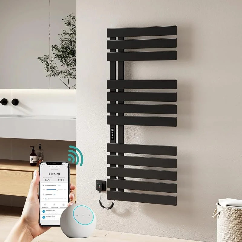 EMKE WiFi Elektrischer Handtuchheizkörper 1300 x 500 mm, Schwarz, 440 Watt — Heizung Warmepumpe