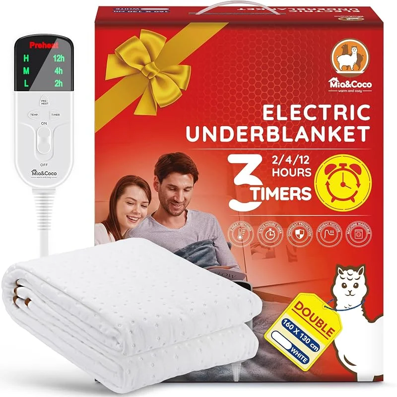Mia&Coco Heizdecke mit Abschaltautomatik, 160 x 130 cm, Wärmeunterbett mit 12-Stunden-Timer und 3 Wärmestufen, LED-Anzeige, Überhitzungsschutz, Wärmedecke für Gängigen Matratzen, Maschinenwaschbar — Heizung Warmepumpe