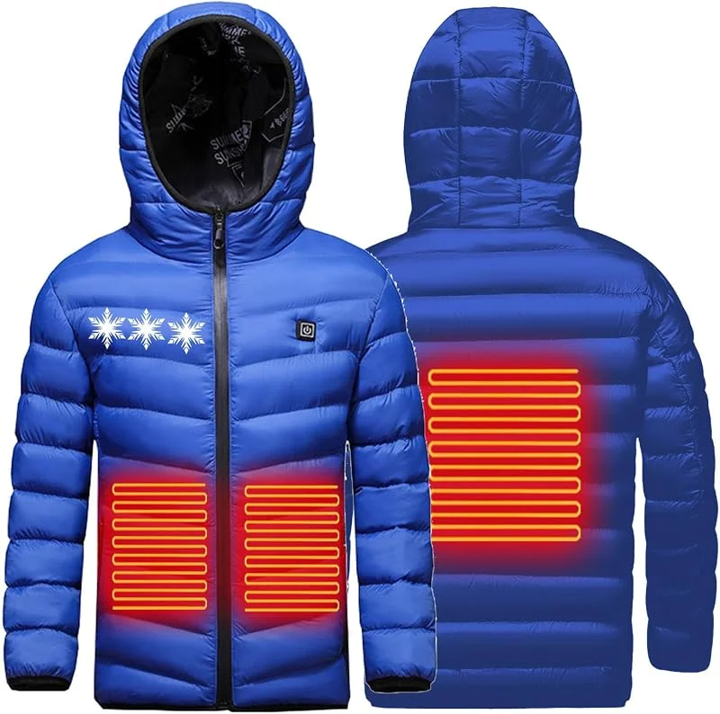 Beheizte Jacke Kinder Sale, USB Elektrische Heizjacke Beheizbare Jacke mit Kapuze Warme Pufferjacke mit 3 Heizstufen Beheizbare Weste Wasserdicht Winddicht Beheizbarer Hoodie für Schule Skifahren — Heizkleidung