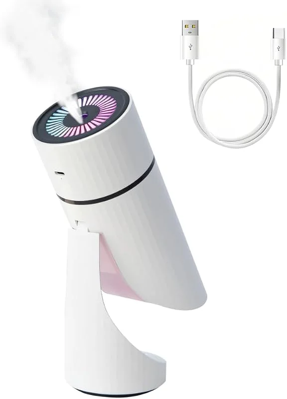 Mini Luftbefeuchter, Drehbarer Tisch Nebelvernebler mit Nachtlicht, Zwei Timer-Einstellungen, Leiser Raumbefeuchter für Auto, Zuhause, Büro und Reisen (260ml)