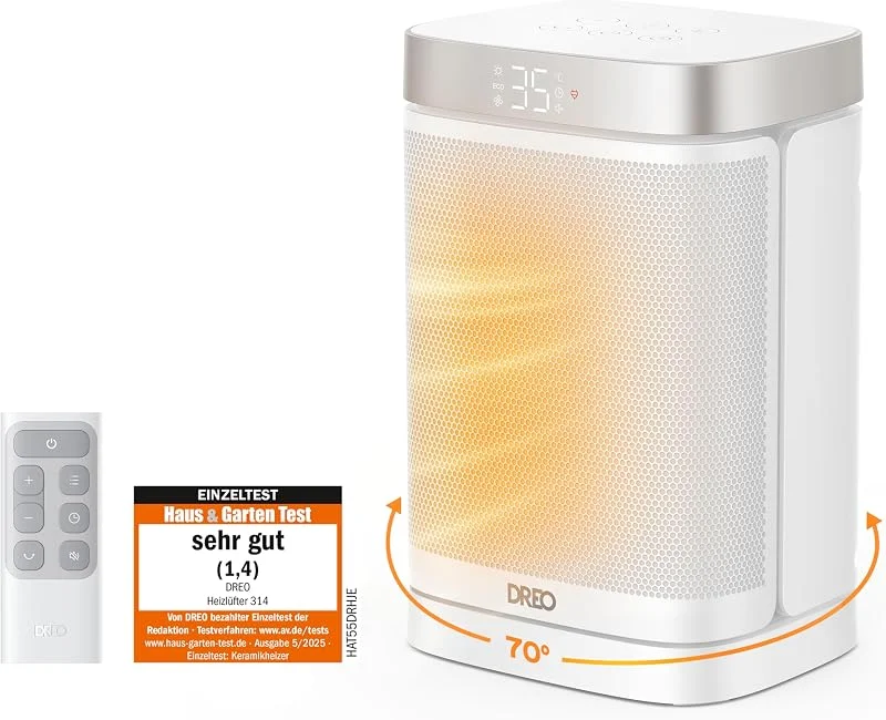 Dreo Heizlüfter Energiesparend Klein, 1500W Heizung Elektrisch mit Thermostat, 70° Oszillierend Elektroheizung, PTC Keramik Heizlüfter Leise, ECO-Modus, 12-Std-Timer, Überhitzungs- & Kippschutz, Weiß — Heizung Warmepumpe