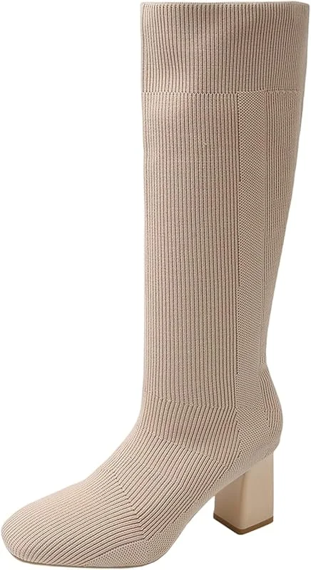 Gestrickte Stretch-Stiefel mit hohem Absatz mittlerer Wadenhöhe, klobiger Absatz, modische Stiefeletten, Bequeme Schlupfstiefel für den Winter — Heizkleidung