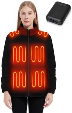 Beheizbare Jacke Damen mit Powerbank 18400 mAh, 10 Heizzonen Fleece Heizjacke Damen Wärmejacke mit Akku, Beheizte Fleecejacke Kleidung Winter Wärme Jacke mit Heizung — Heizkleidung