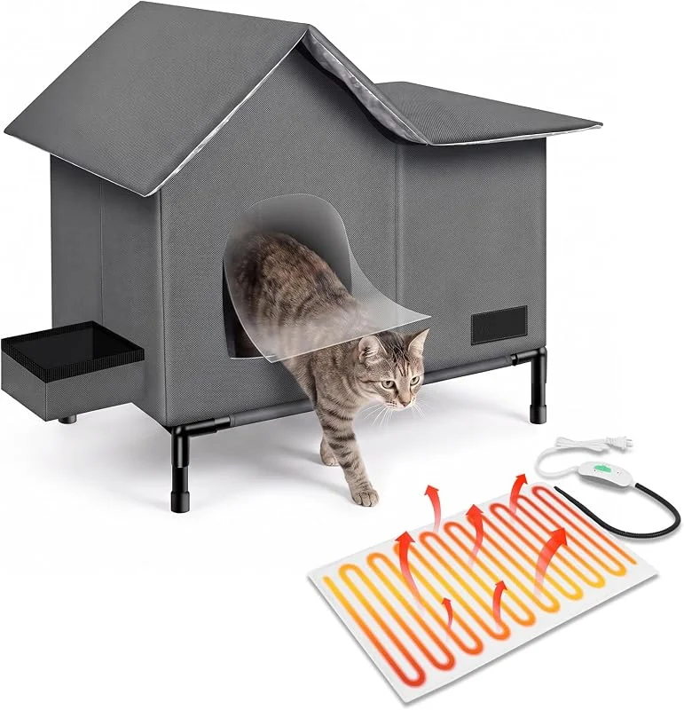 Beheiztes Katzenhaus, abnehmbar, wetterfest, Katzenhäuser für Outdoor-Katzen, mit Heizkissen, Grau, Größe M — Heizung Warmepumpe