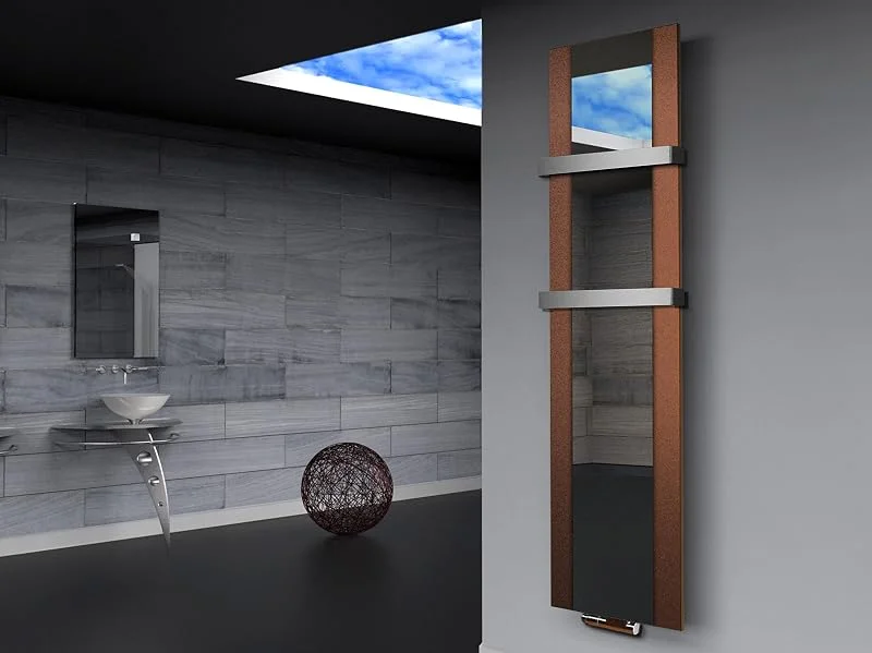 Badheizkörper Design Singapur 3, HxB: 180 x 47 cm, 1118 Watt braun, Spiegel + 2 Handtuchhalter 50mm MADE IN GERMANY Szagato Handtuchheizung Handtuchwärmer Design Heizkörper Spiegel Spiegelheizkörper — Heizung Warmepumpe