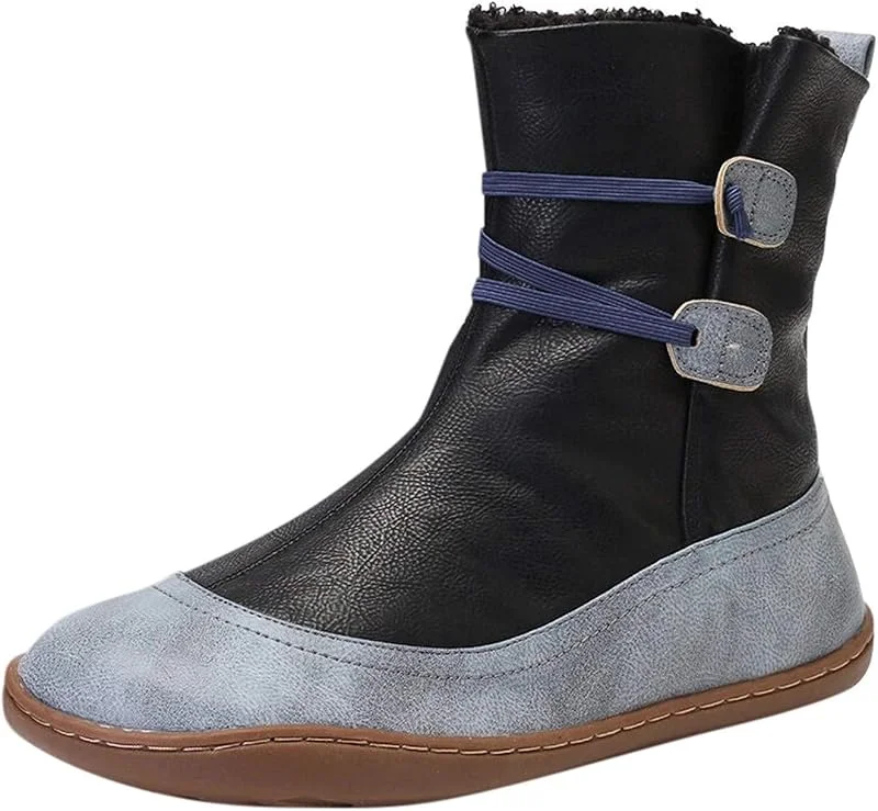 Stiefel Damenmode Flats rutschfeste Leder Schnürung Runde Zehen Freizeitschuhe Knöchel — Heizkleidung