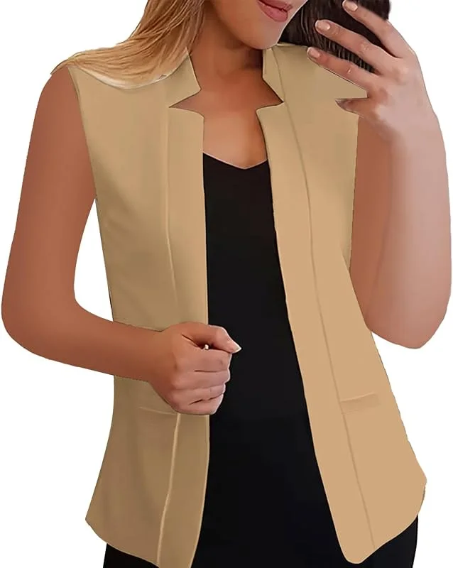 Wasserdichter Mantel Damen Sommer Damen Einfarbig Flip Tie Ärmellose Anzugjacke Beheizbare Softshelljacke (Khaki, XXXXL) — Heizkleidung