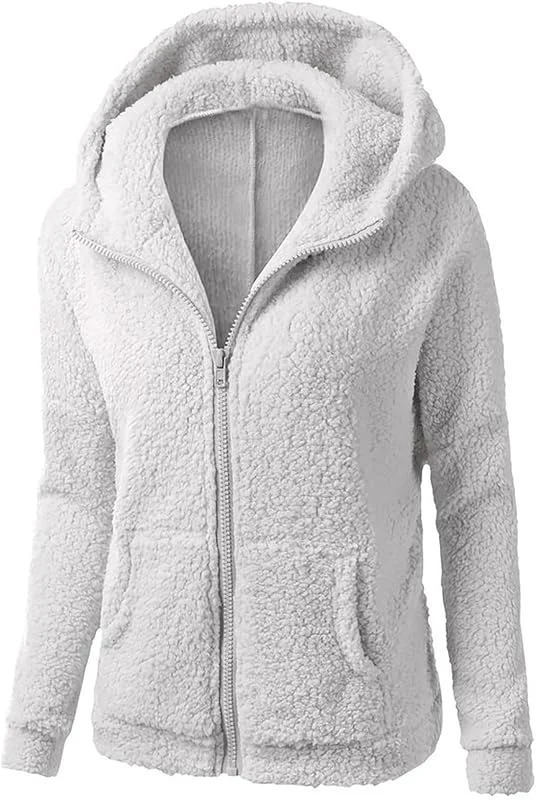 Teddy Fleece Jacke Damen Langarm Fleecejacke Zipper Teddyfleece Jacke mit Kapuze Locker Komfortabel Mantel Winter Warm Teddyjacke Outdoor Winterjacke Plüschjacke für Frauen Sweatjacke — Heizkleidung