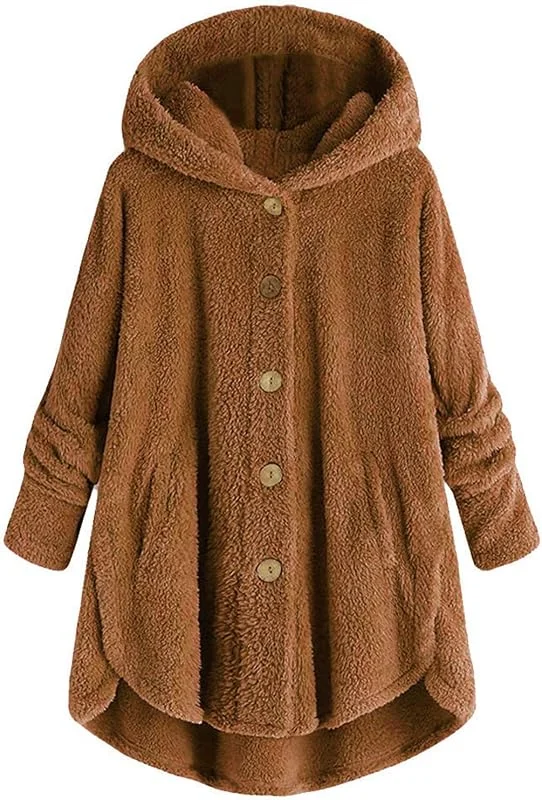 EMATOP Plüschjacke Damen Lässige Fleece Jacke Winter Warm Kapuzenjacke mit Kapuze Teddy Fleecejacke Flauschig Kuschelig Wintermantel Lang Einfarbig Fellmantel mit Taschen Mantel Kapuzenpullover — Heizkleidung